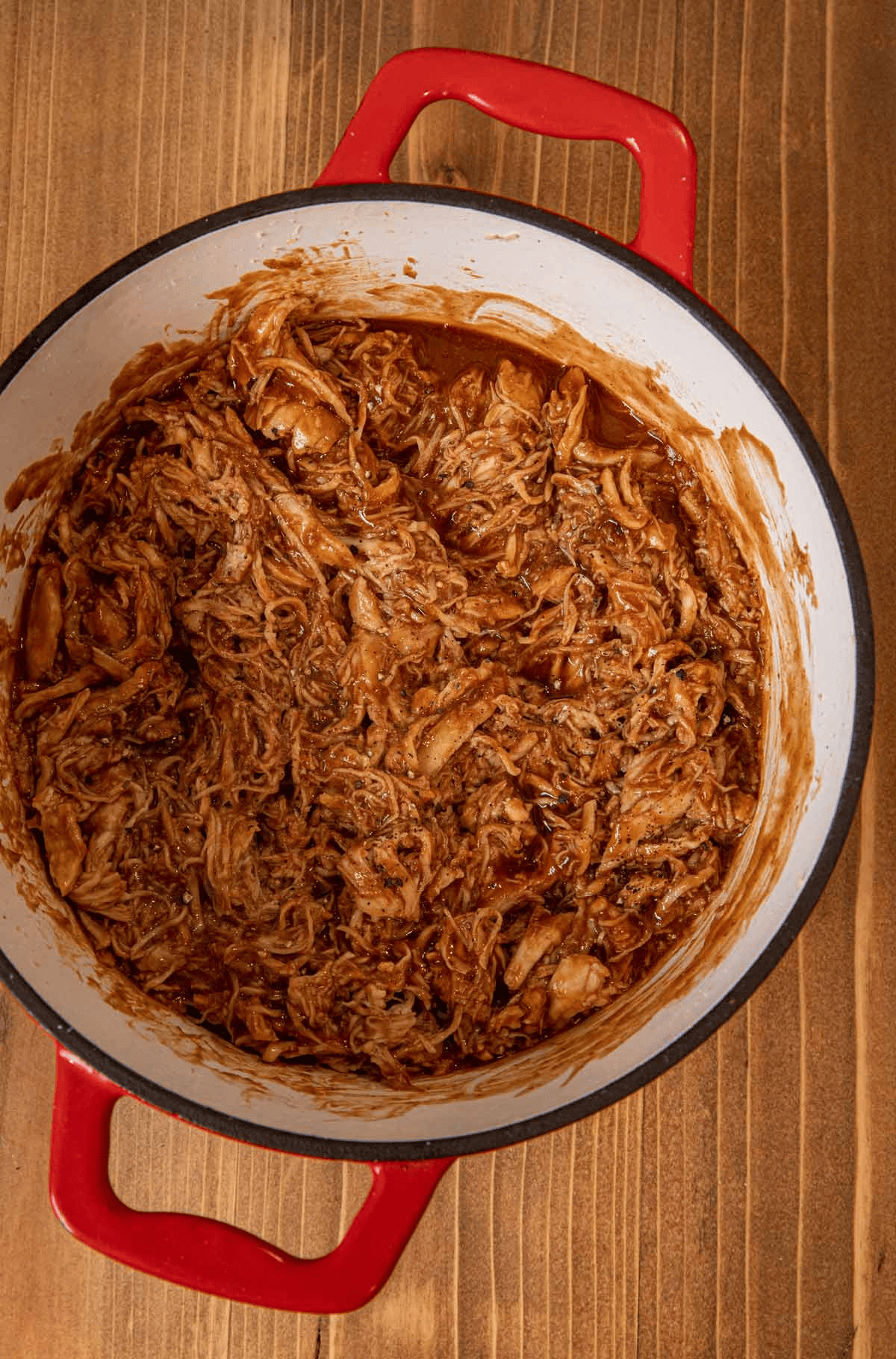 Shredded chicken coated in BBQ sauce