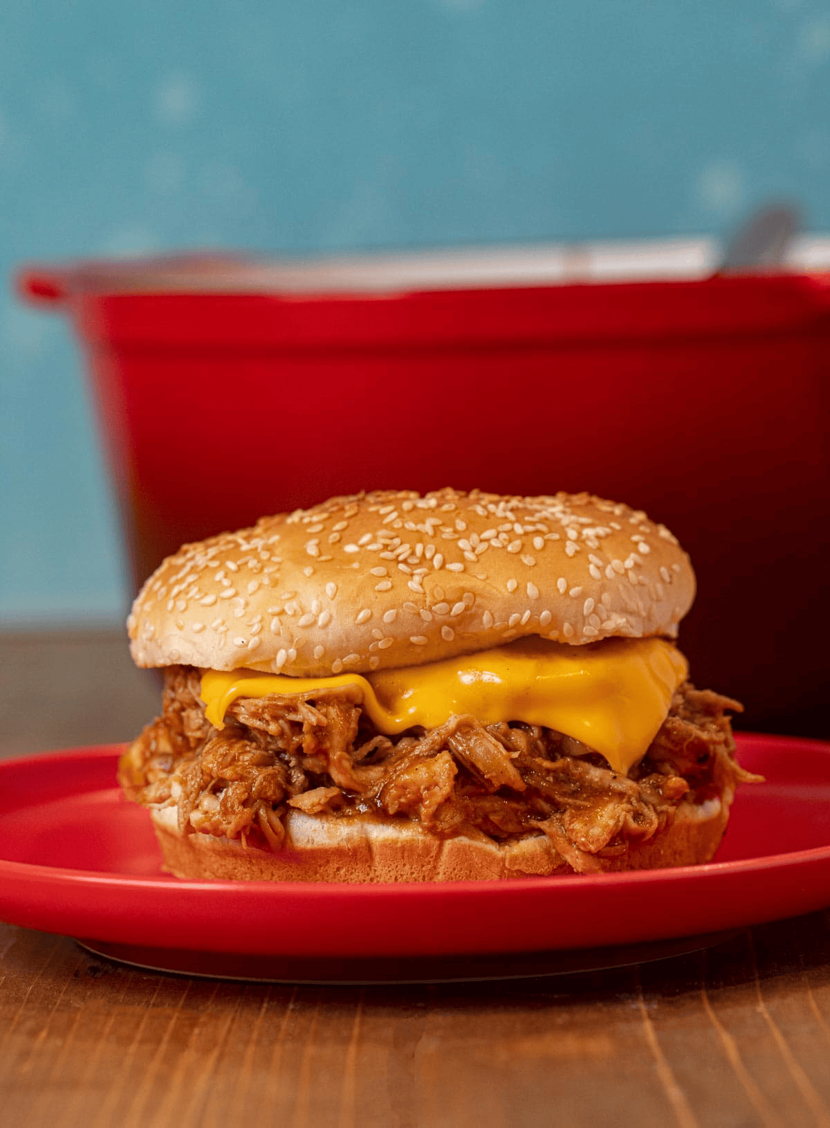 Chicken sandwich on a plate with Dutch oven in the background