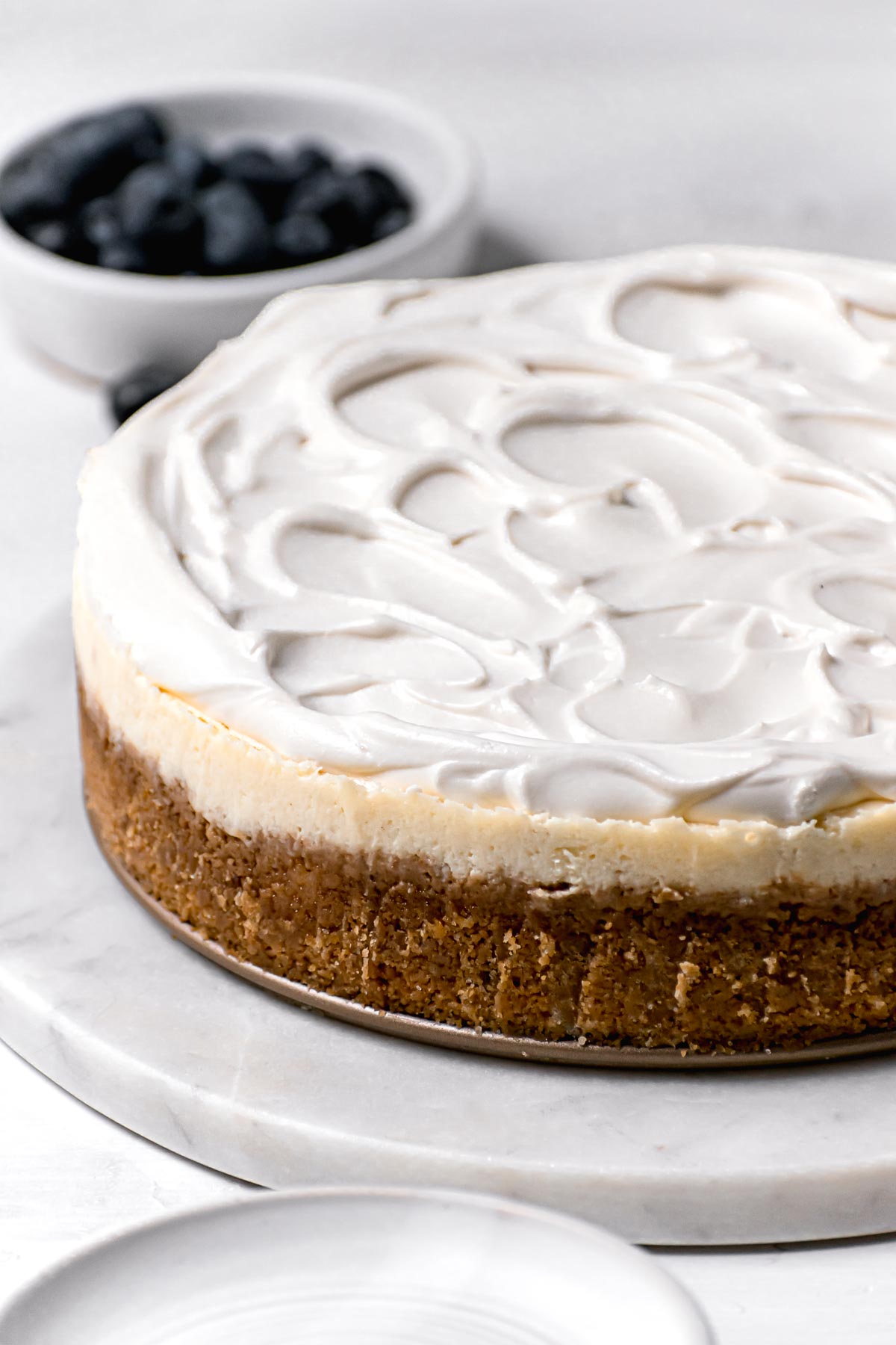 Sour Cream Cheesecake baked on plate with topping side view