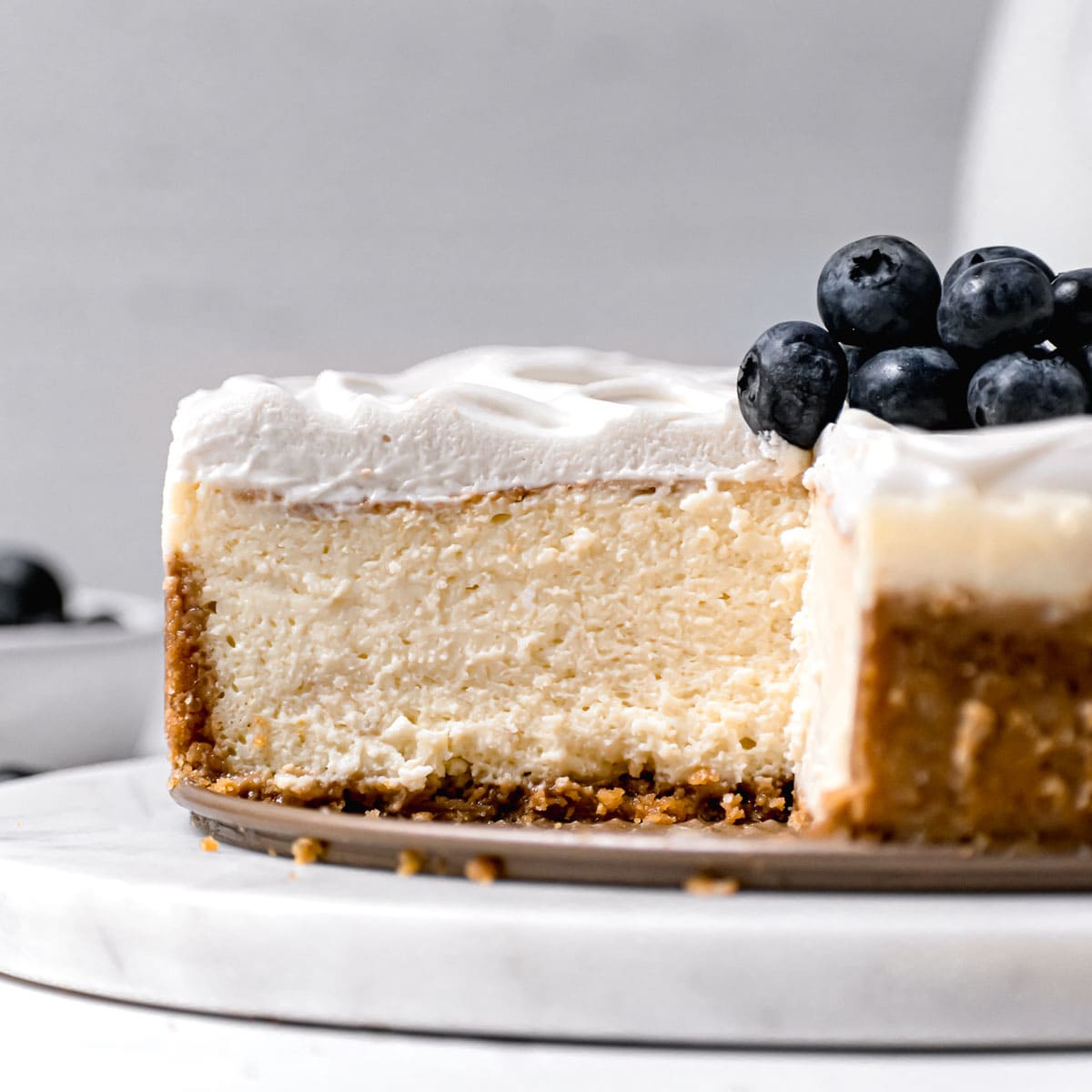 Sour Cream Cheesecake side view with slice removed