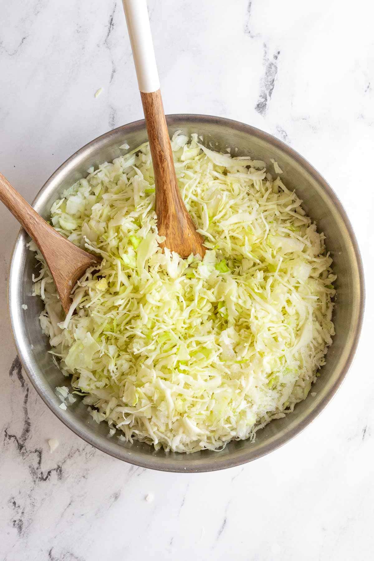 Ingredients for Amish Vinegar Slaw in mixing bowl