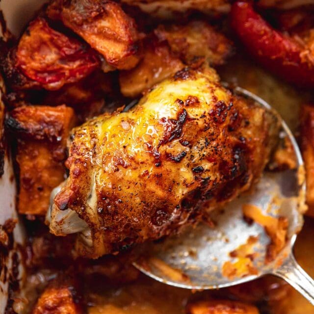 Baked African Sweet Potato Chicken on serving spoon
