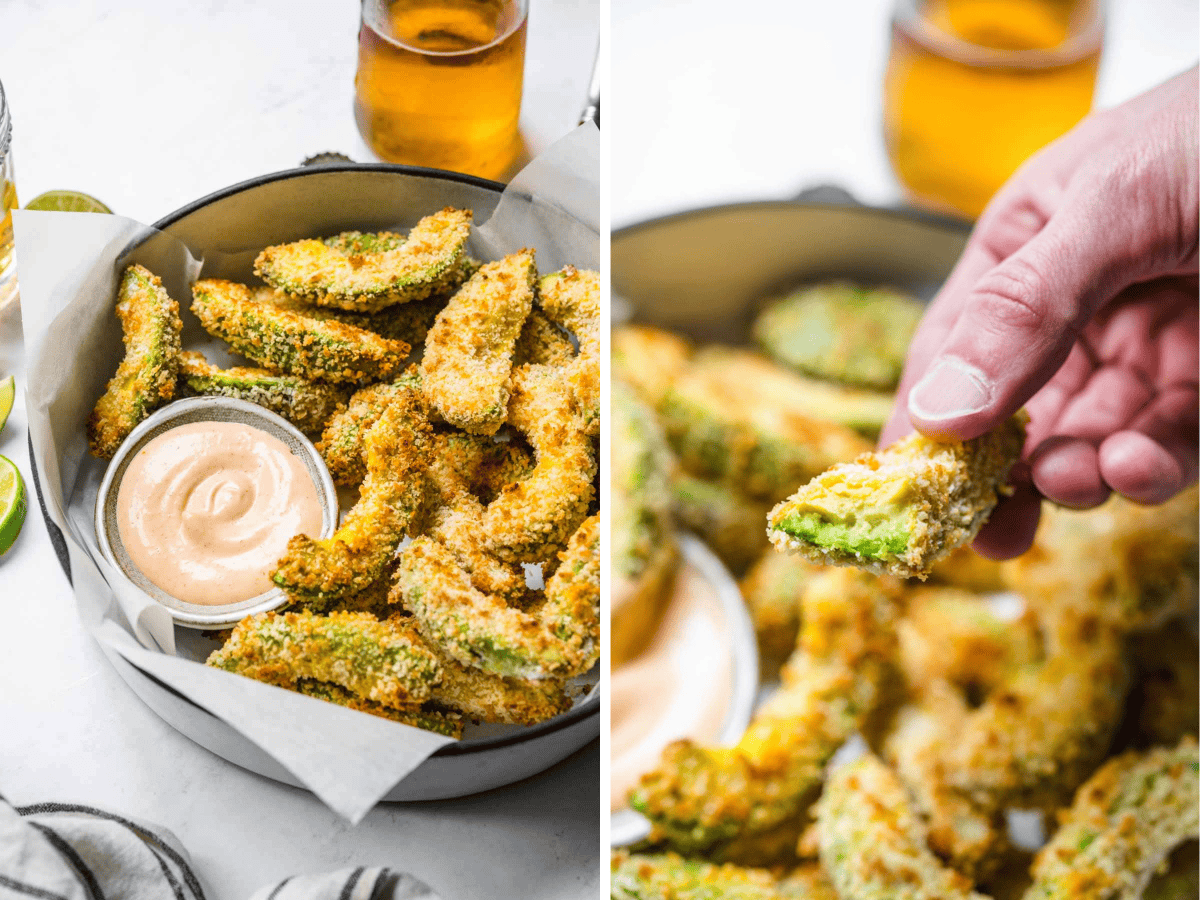 collage of fries in a dish and one fry being held with a bite taken out