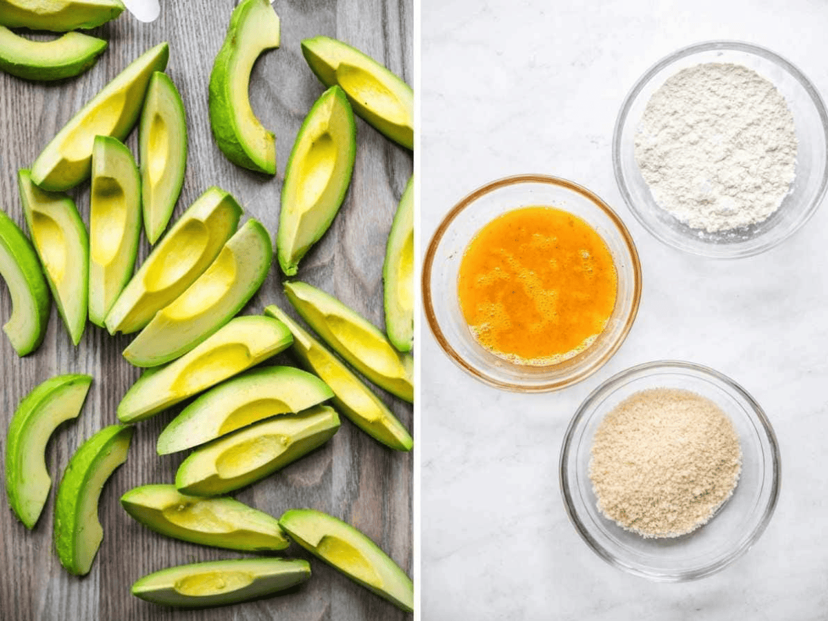 collage of sliced avocados and other ingredients in bowls