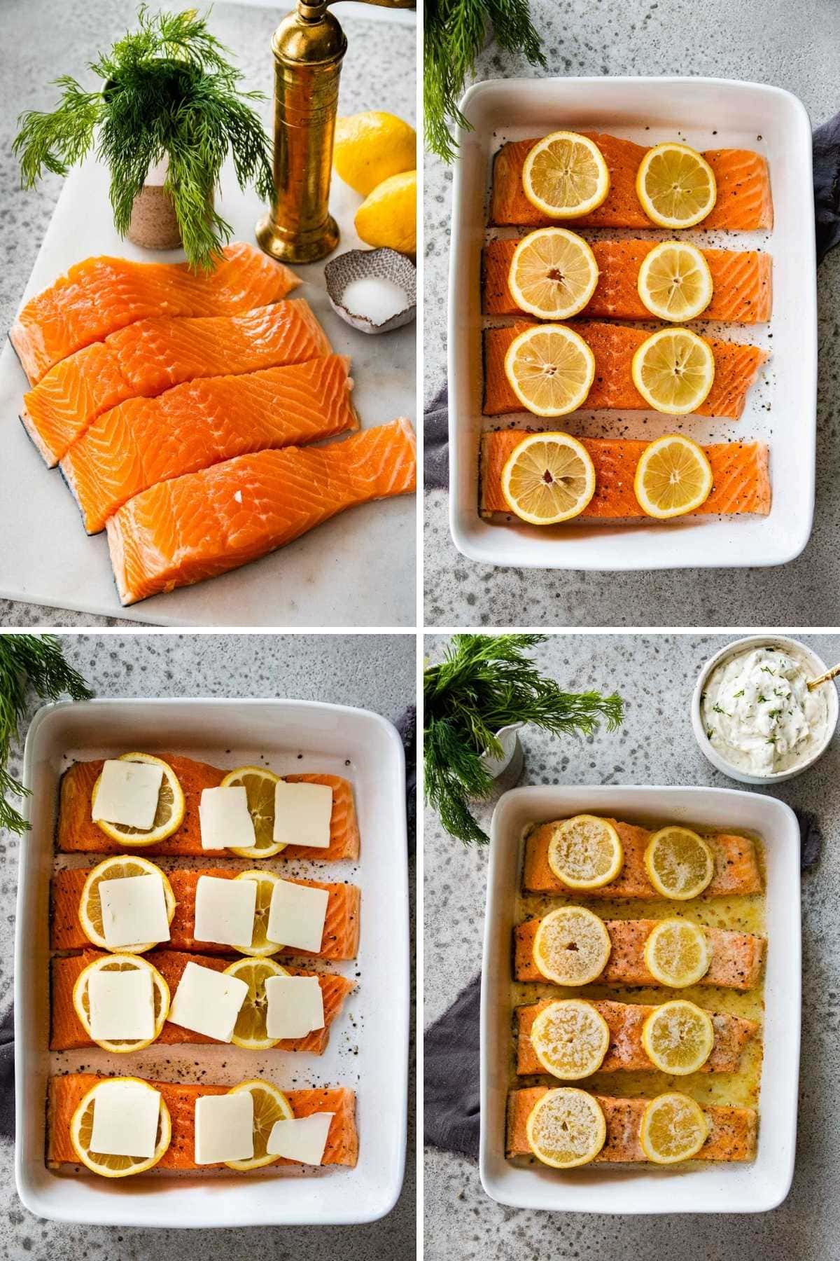 Collage of prep steps for Baked Salmon with Dill Sauce