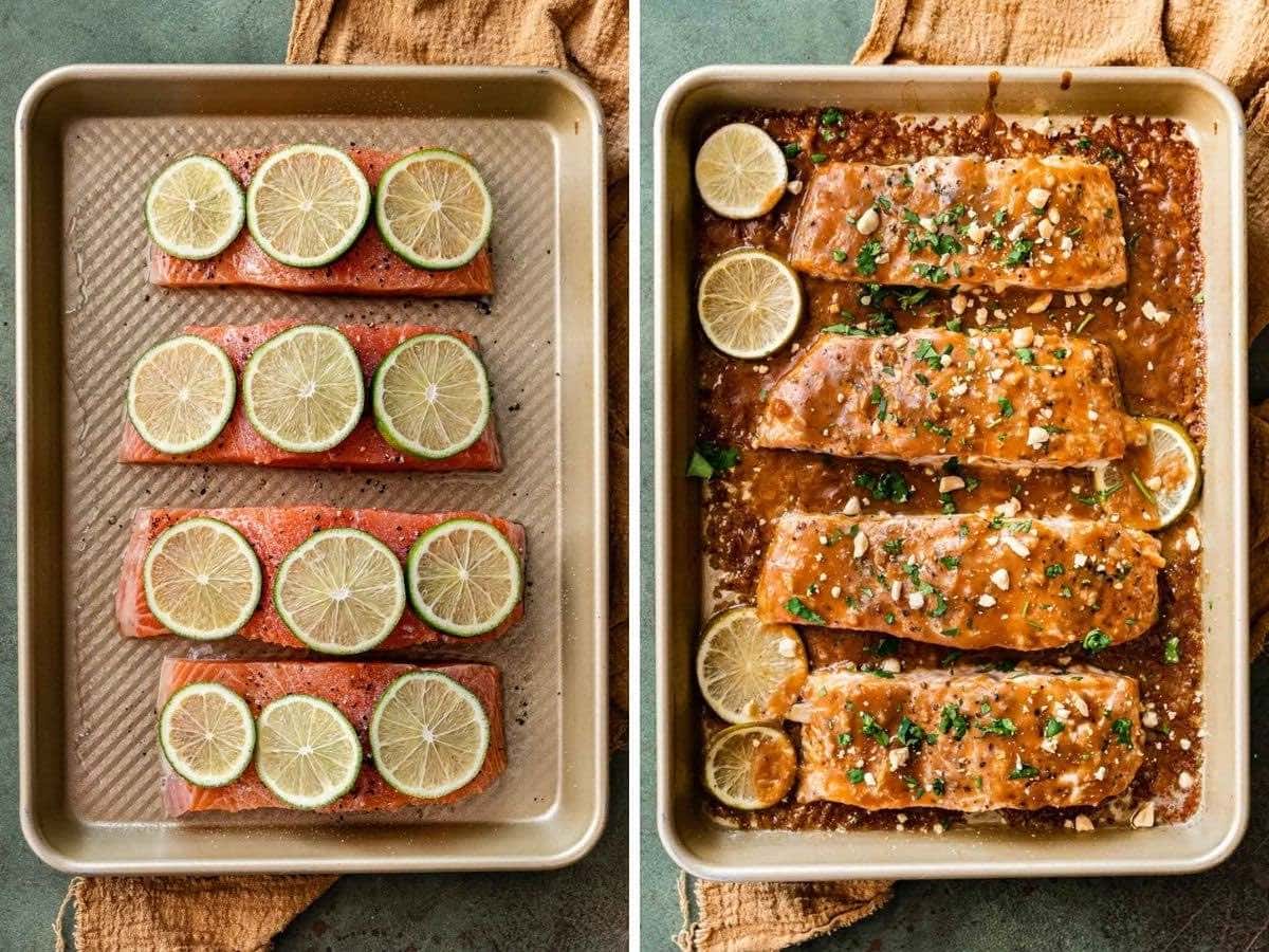 Baked Thai Peanut Salmon before and after baking