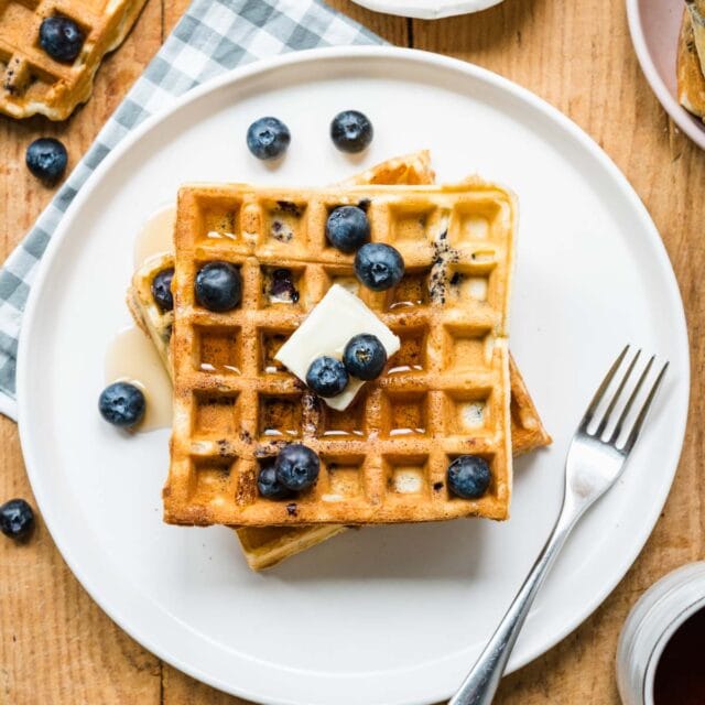 top-down view of Blueberry Waffles on plate