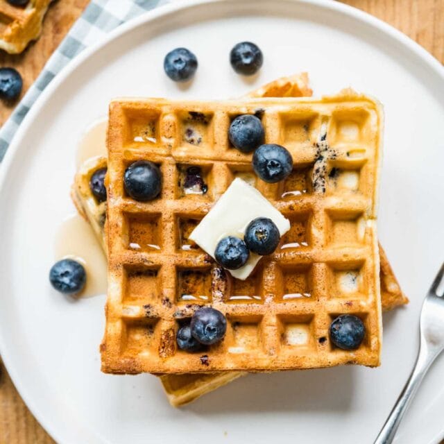 top-down view of Blueberry Waffles on plate