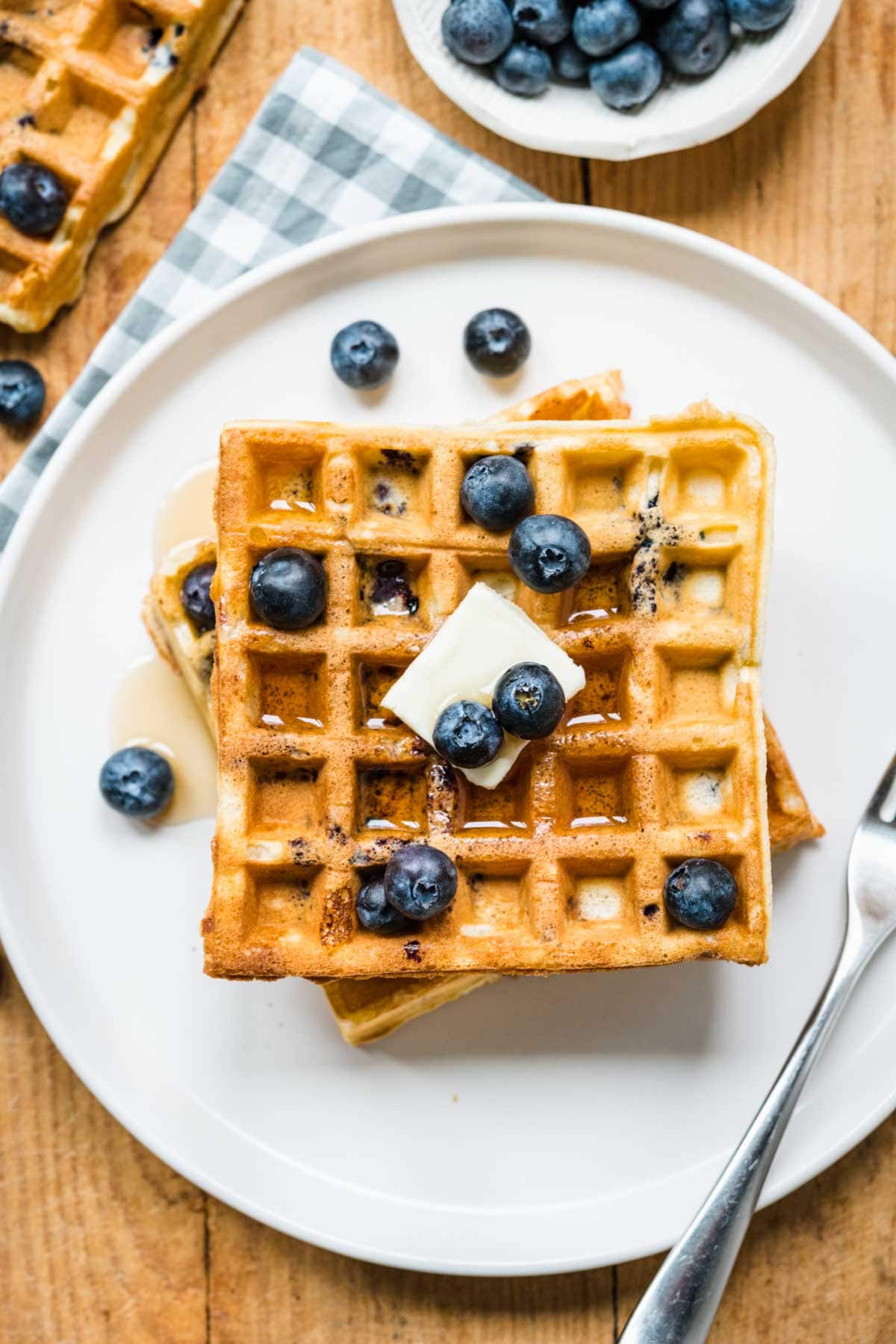 top-down view of Blueberry Waffles on plate