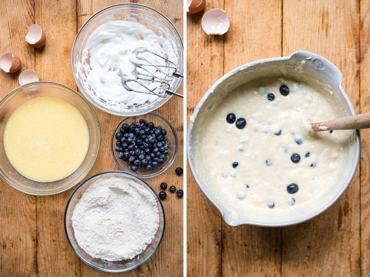 Blueberry Waffles ingredients before and after mixing