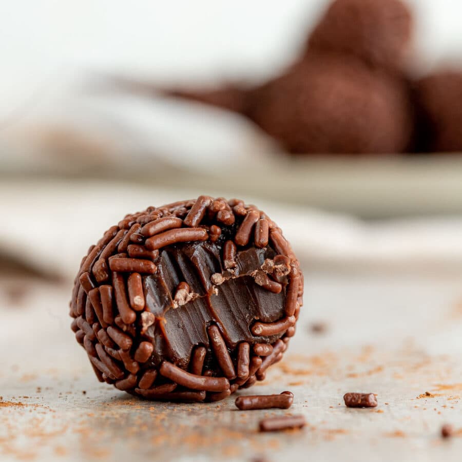 Brazilian Brigadeiros Candy piece with bite taken