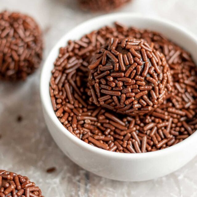 Brazilian Brigadeiros Candies ball in chocolate sprinkles in bowl