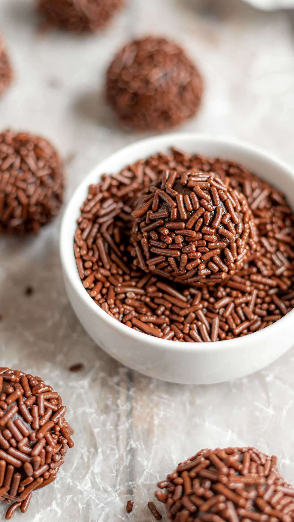 Brazilian Brigadeiros Candies ball in chocolate sprinkles in bowl