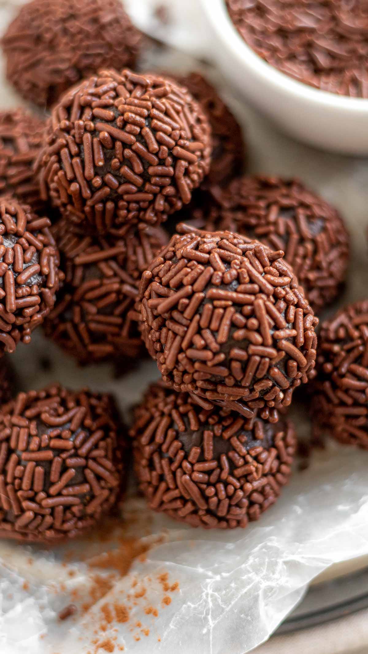 Brazilian Brigadeiros Candies balls with chocolate sprinkles in serving bowl