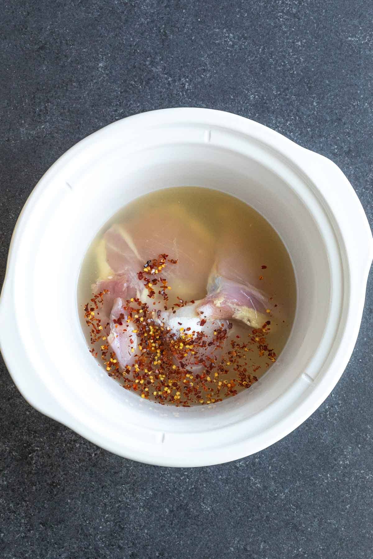 Ingredients for Carolina BBQ Vinegar Shredded Chicken in slow cooker