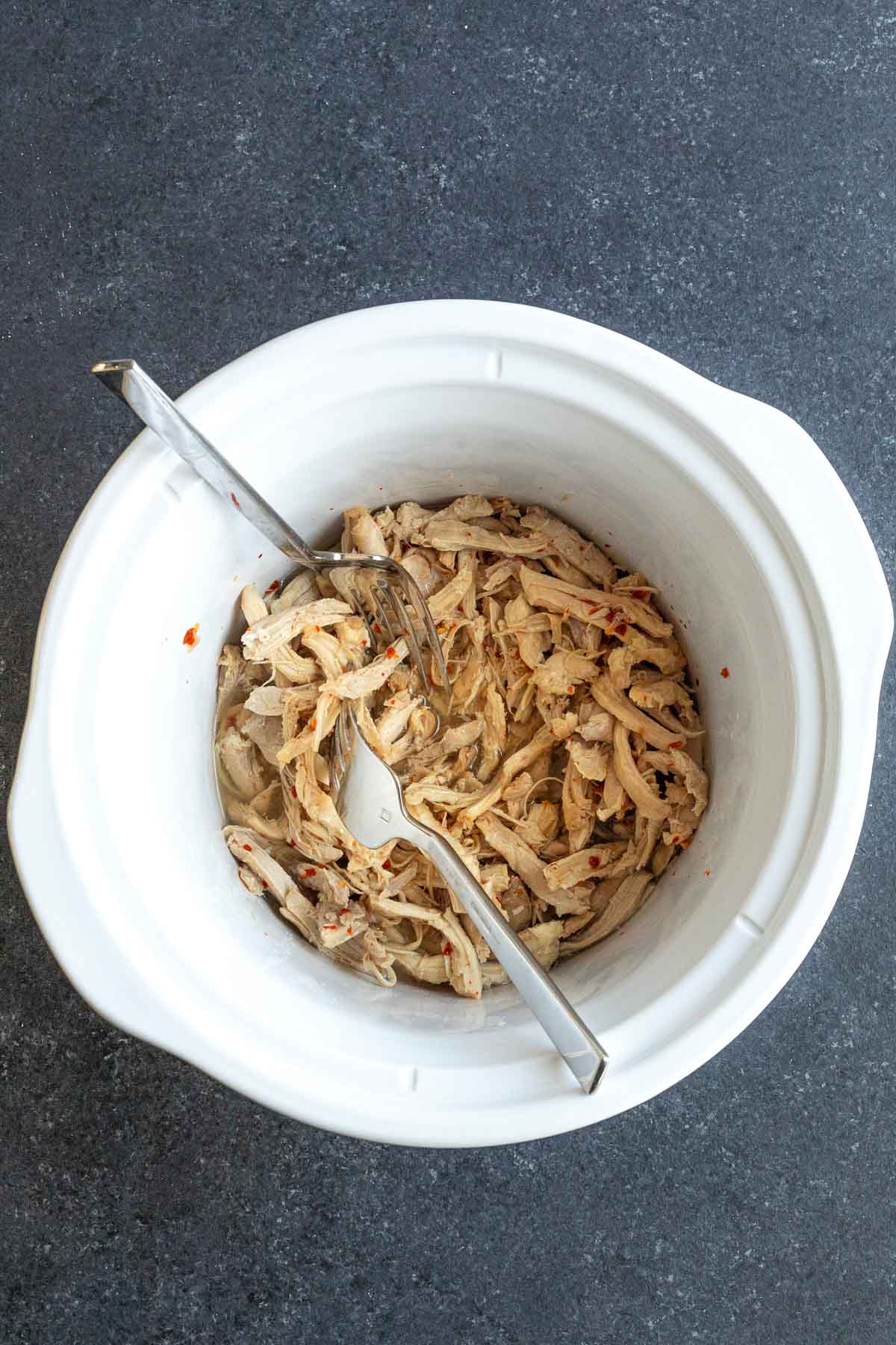 Shredded Ingredients for Carolina BBQ Vinegar Shredded Chicken in slow cooker