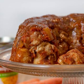 Carrot Cake Monkey Bread cross-section on cake stand