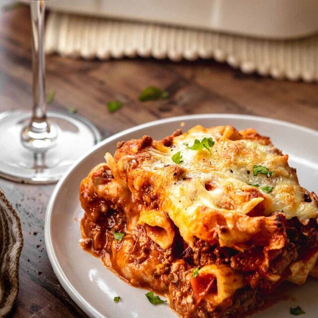Cheesy Beef Pasta Bake square serving on a plate