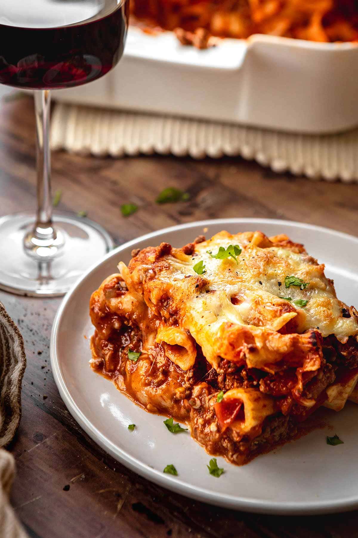 Cheesy Beef Pasta Bake square serving on a plate