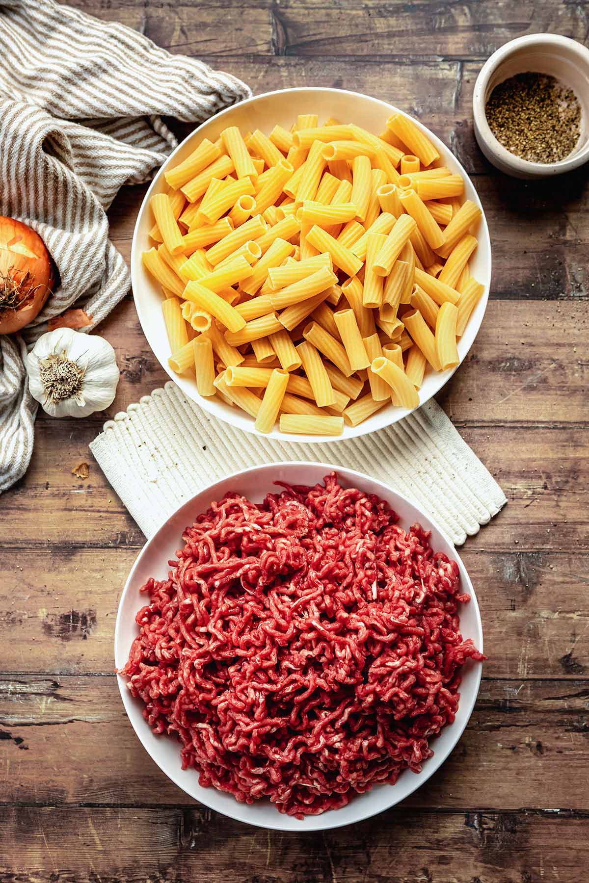 Cheesy Beef Pasta Bake ingredients in prep bowls