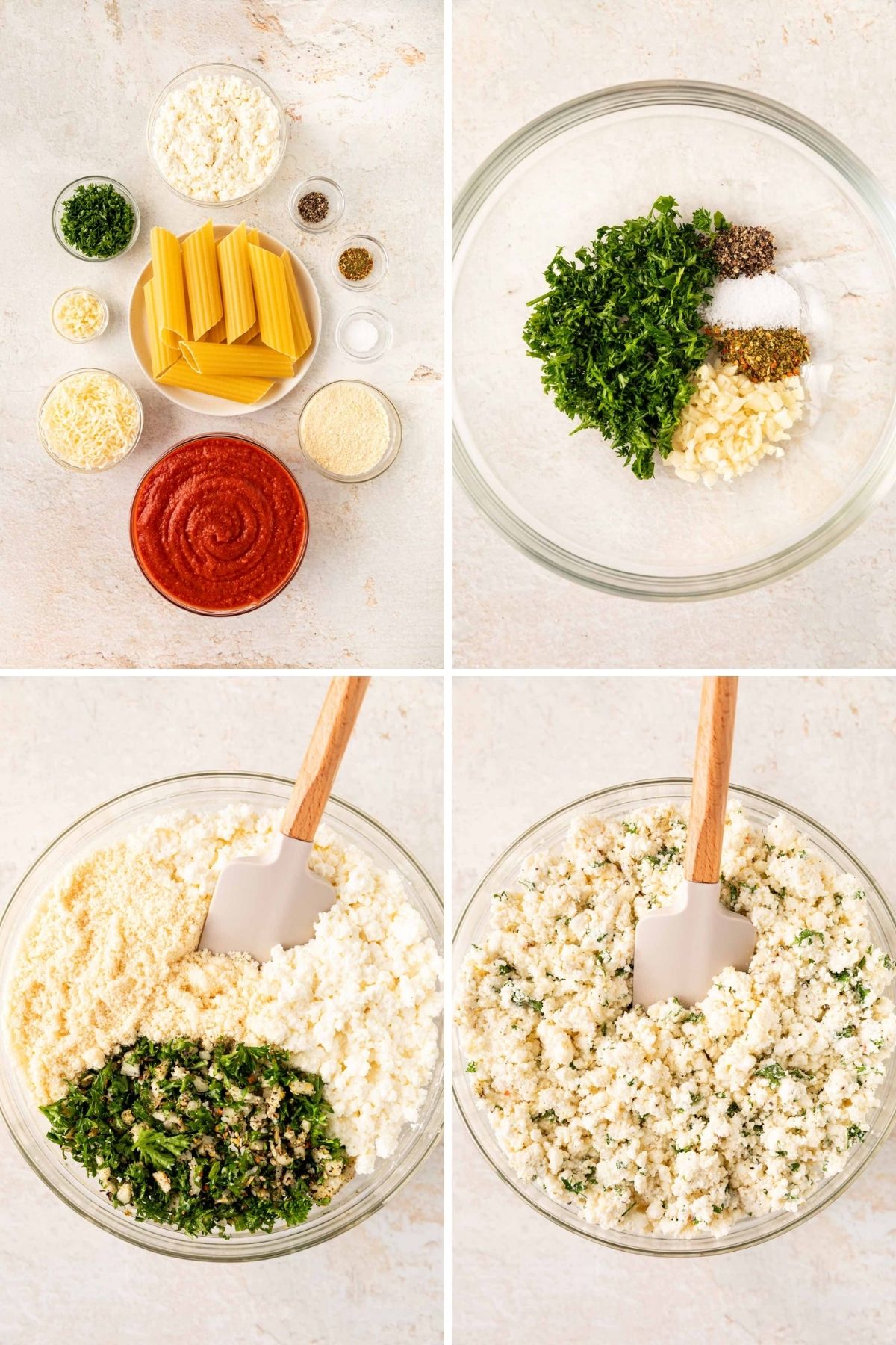 Cheesy Manicotti Ingredients in mixing bowls collage