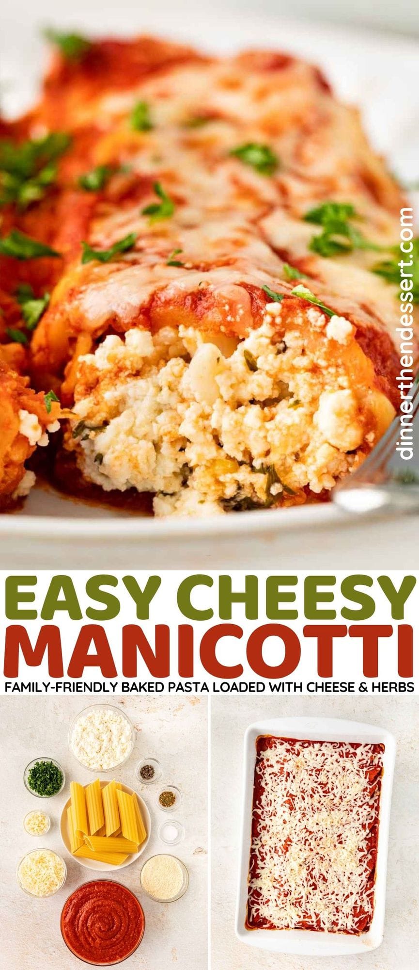 Cheesy Manicotti on plate close up end view collage