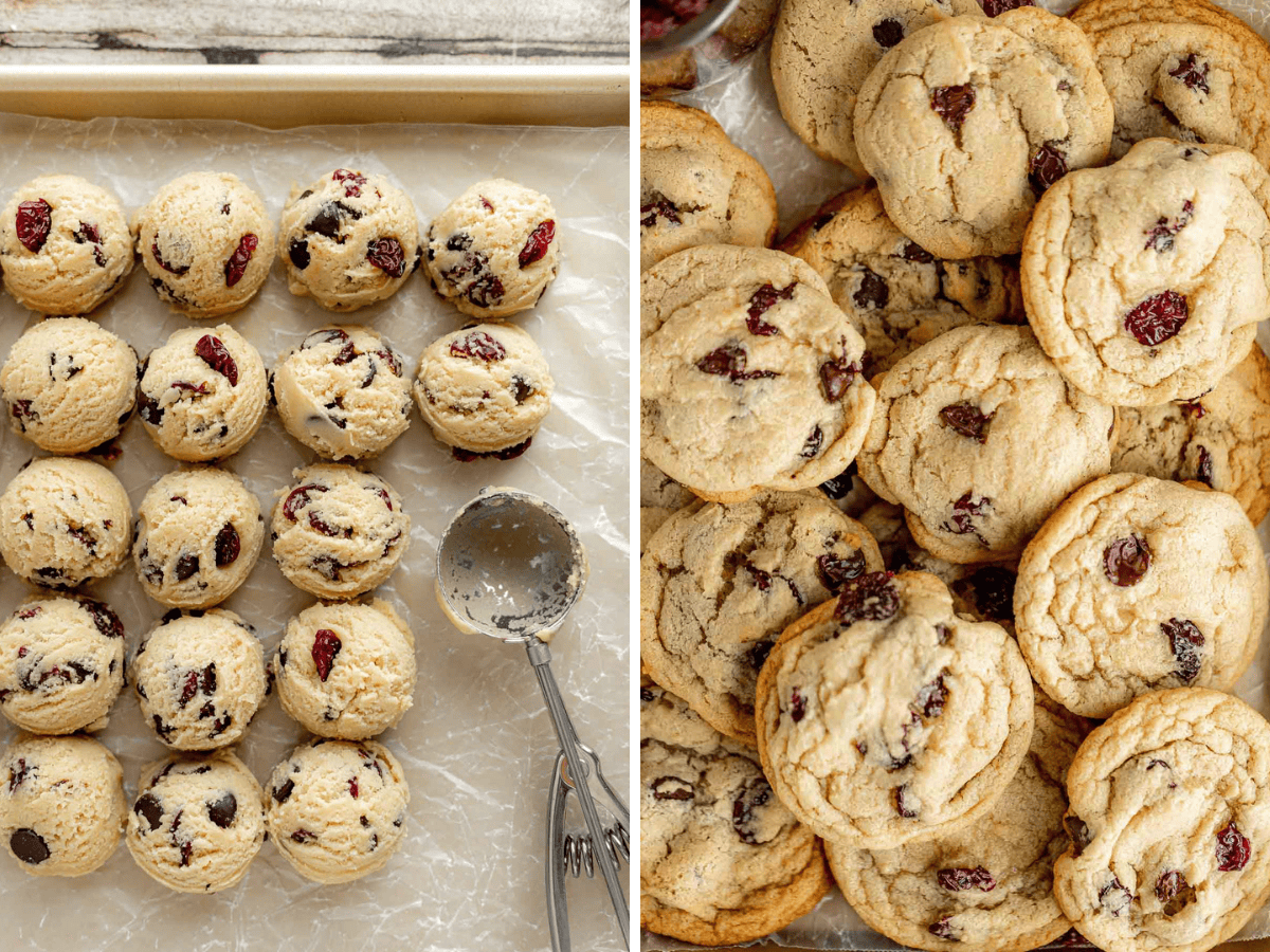 collage of cookies on sheet tray and after they are baked