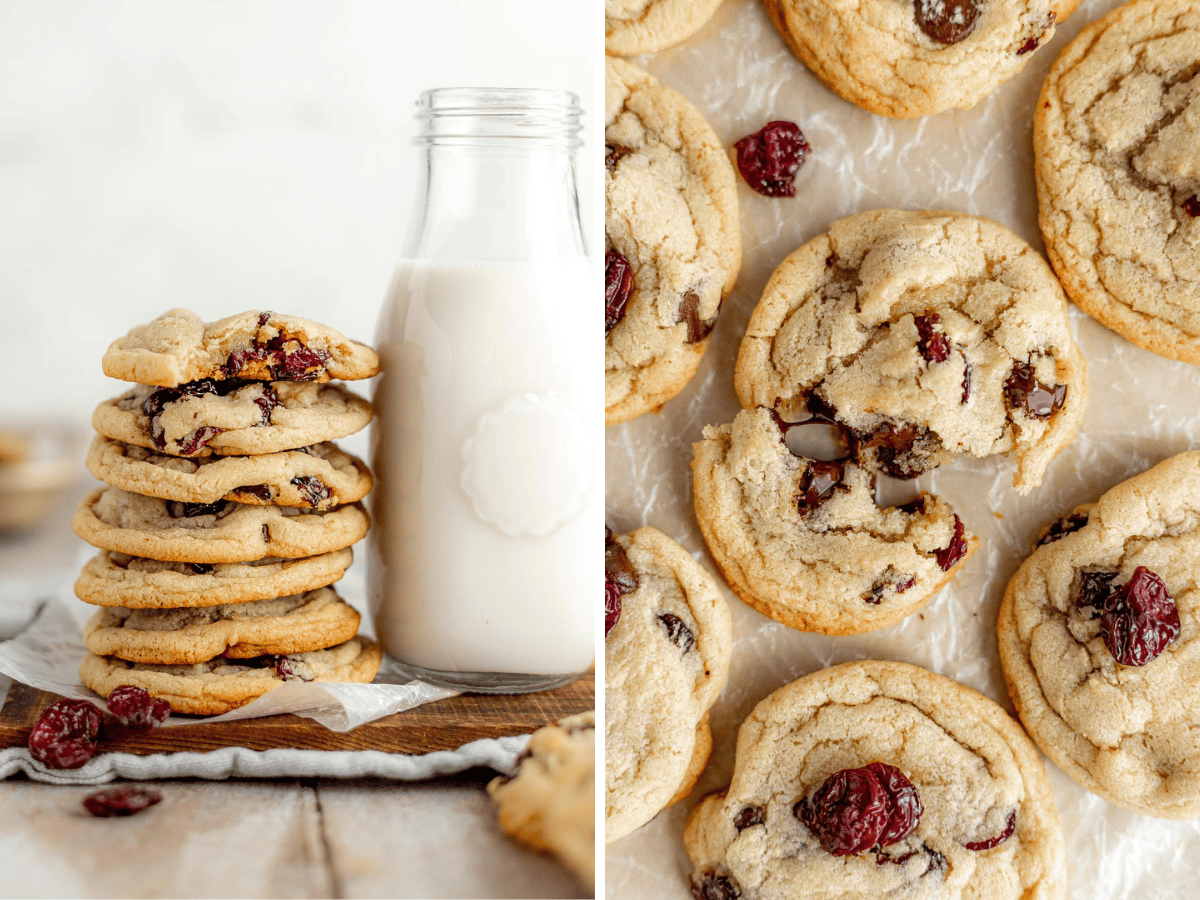 stack of cookies with milk and close up of broken cookie collage