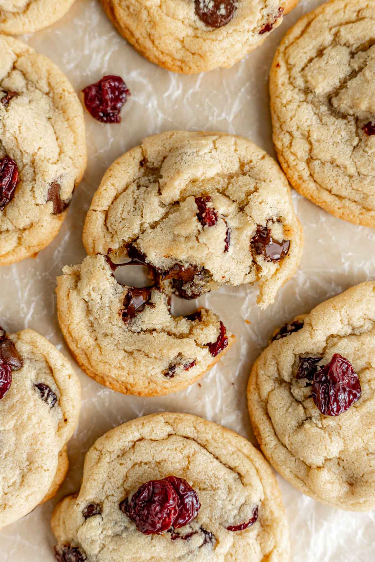 Cherry Chocolate Chunk Cookies on cookie sheet