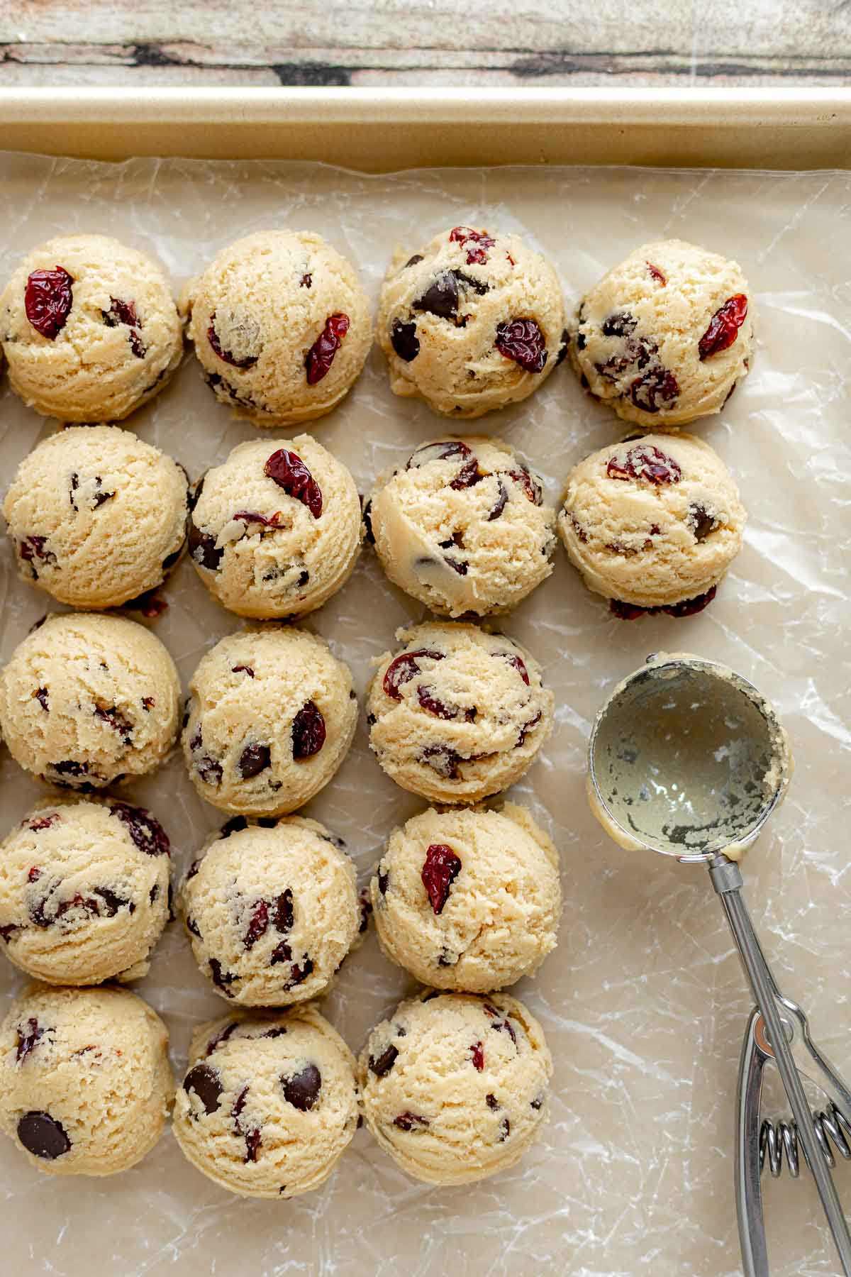 Cherry Chocolate Chunk Cookies dough balls on cookie sheet
