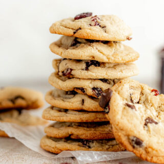 Cherry Chocolate Chunk Cookies in stack