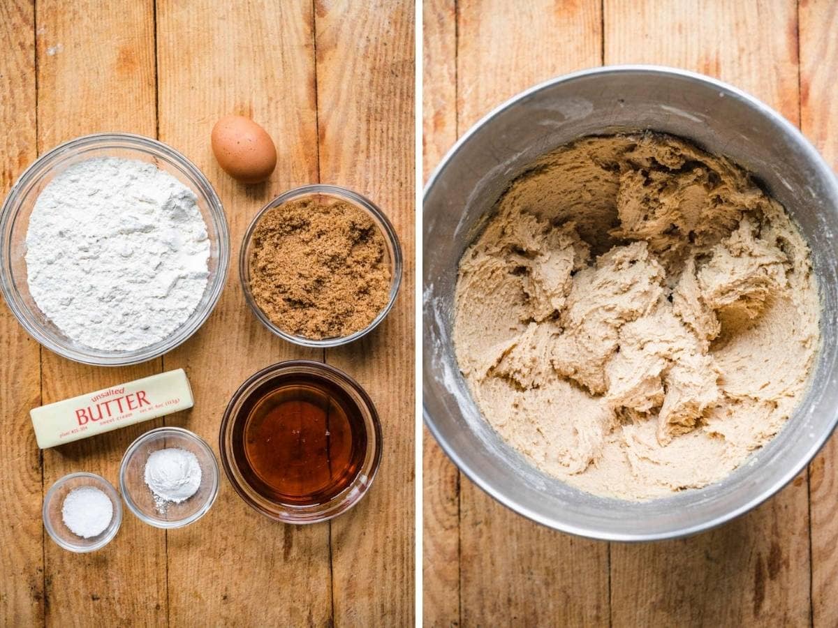 Chewy Maple Cookies ingredients before and after mixing