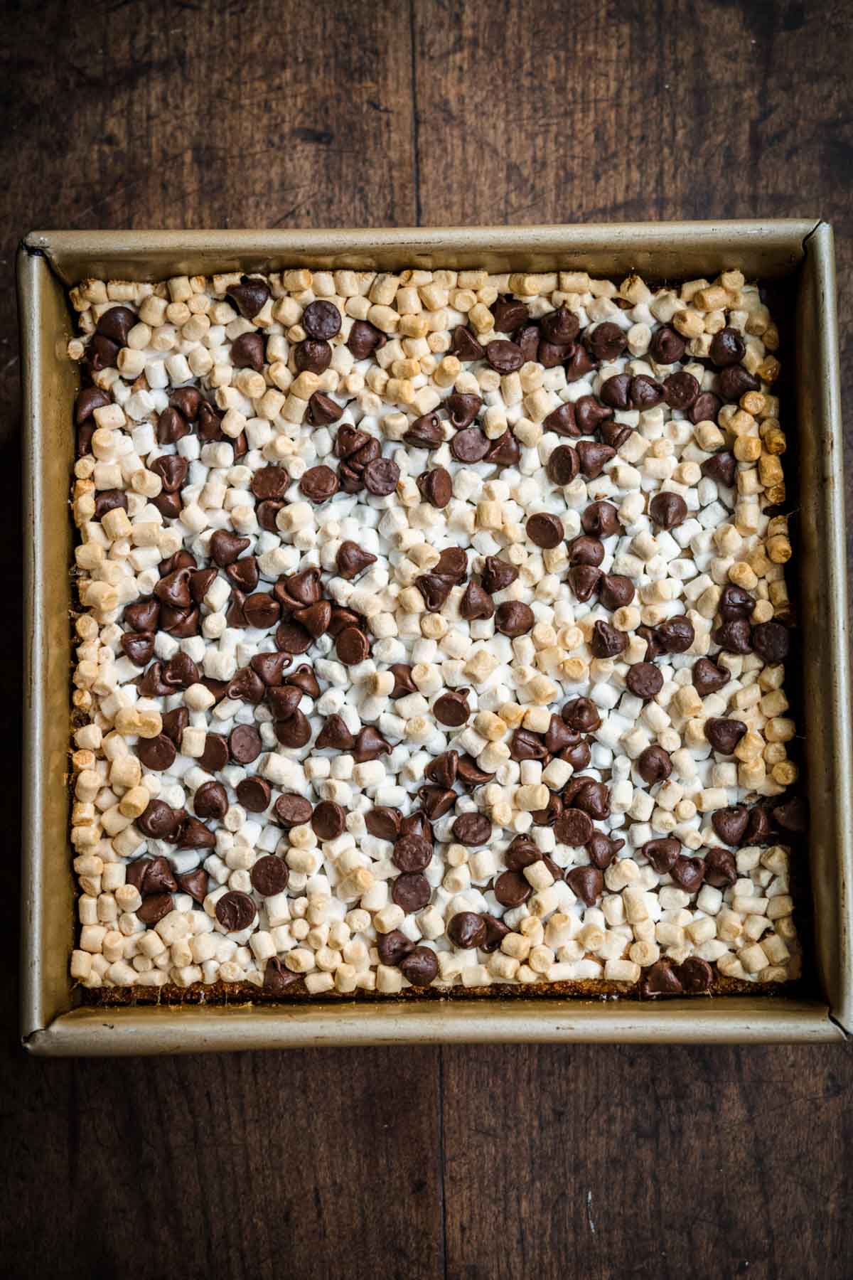 Chewy S'mores Magic Bars in pan after baking