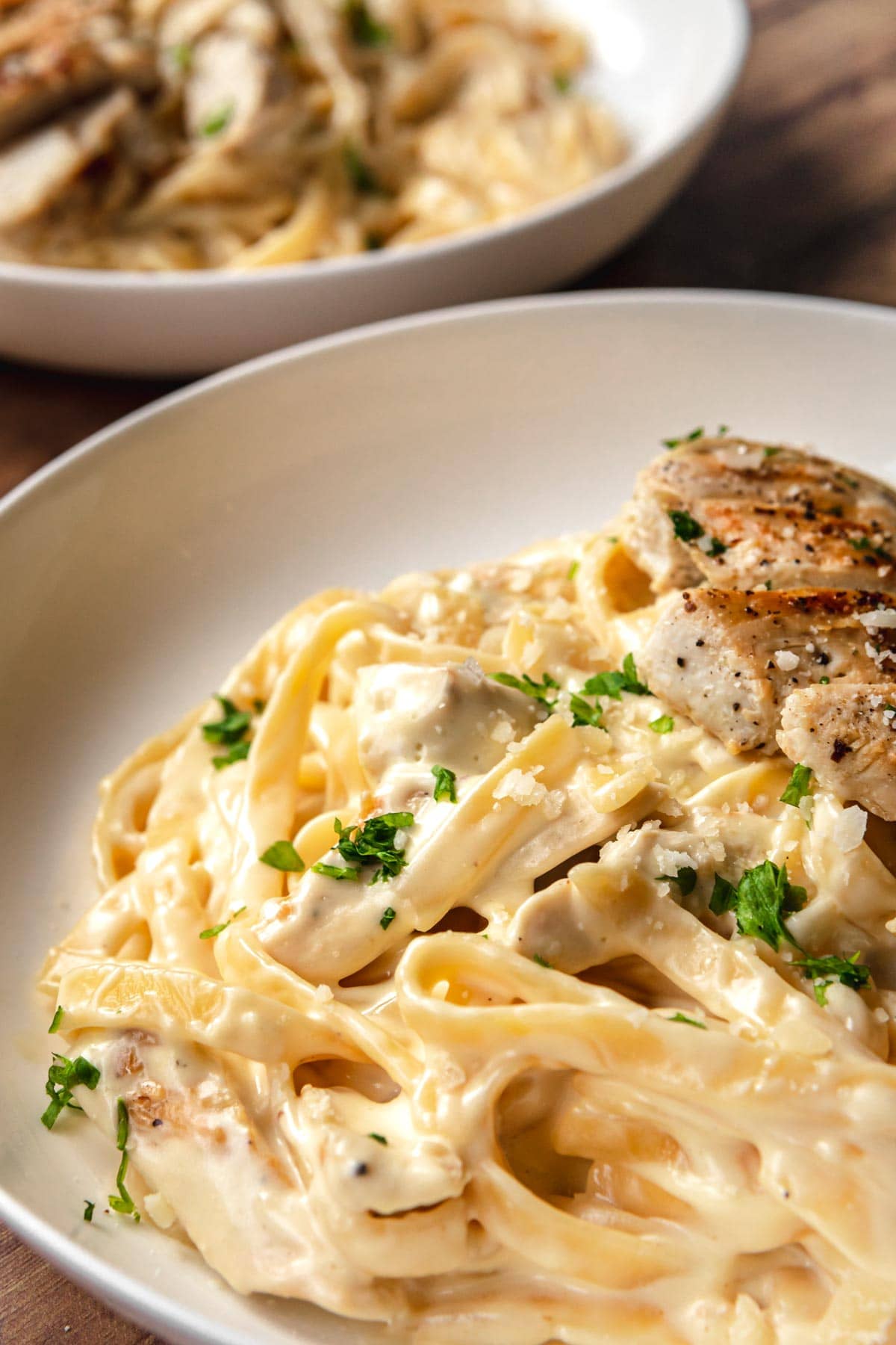 Chicken Alfredo Pasta serving on plate