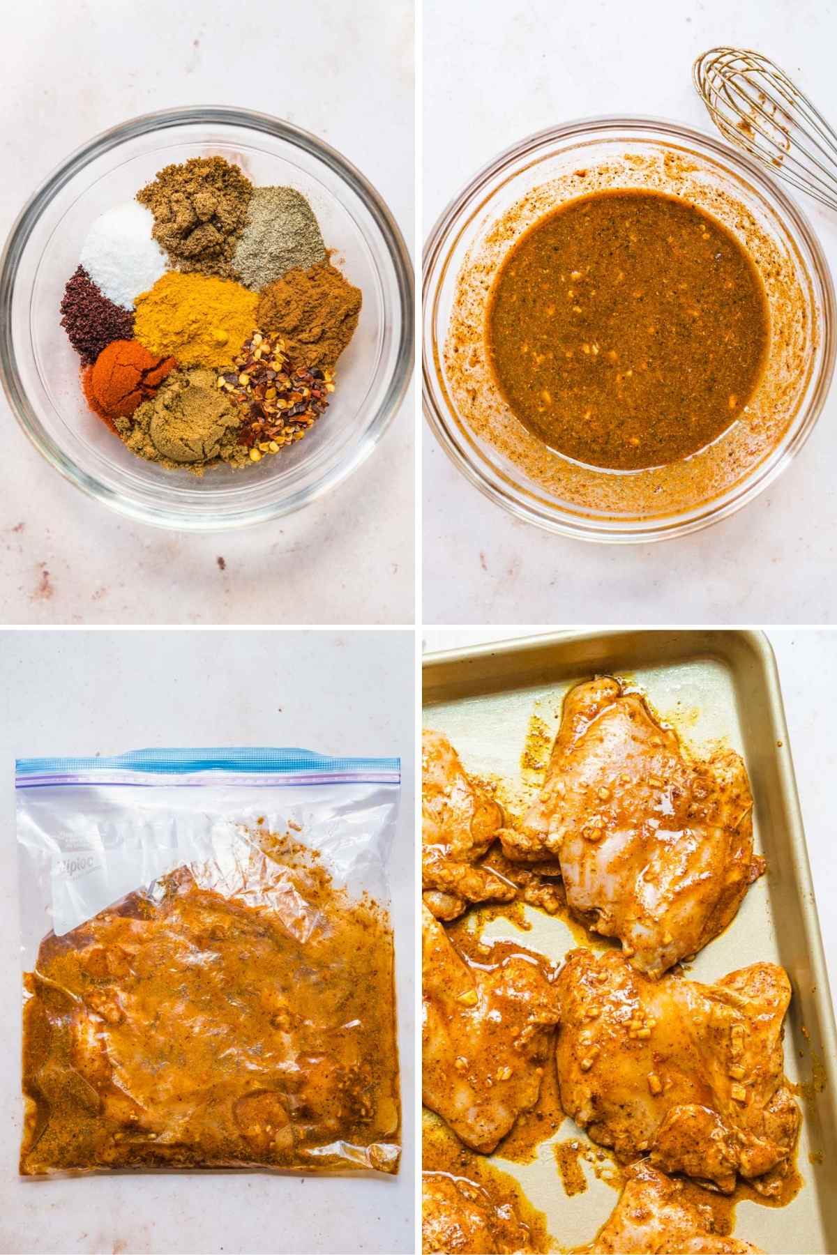 Chicken Shawarma collage of steps making sauce, marinating chicken, and placed on baking sheet