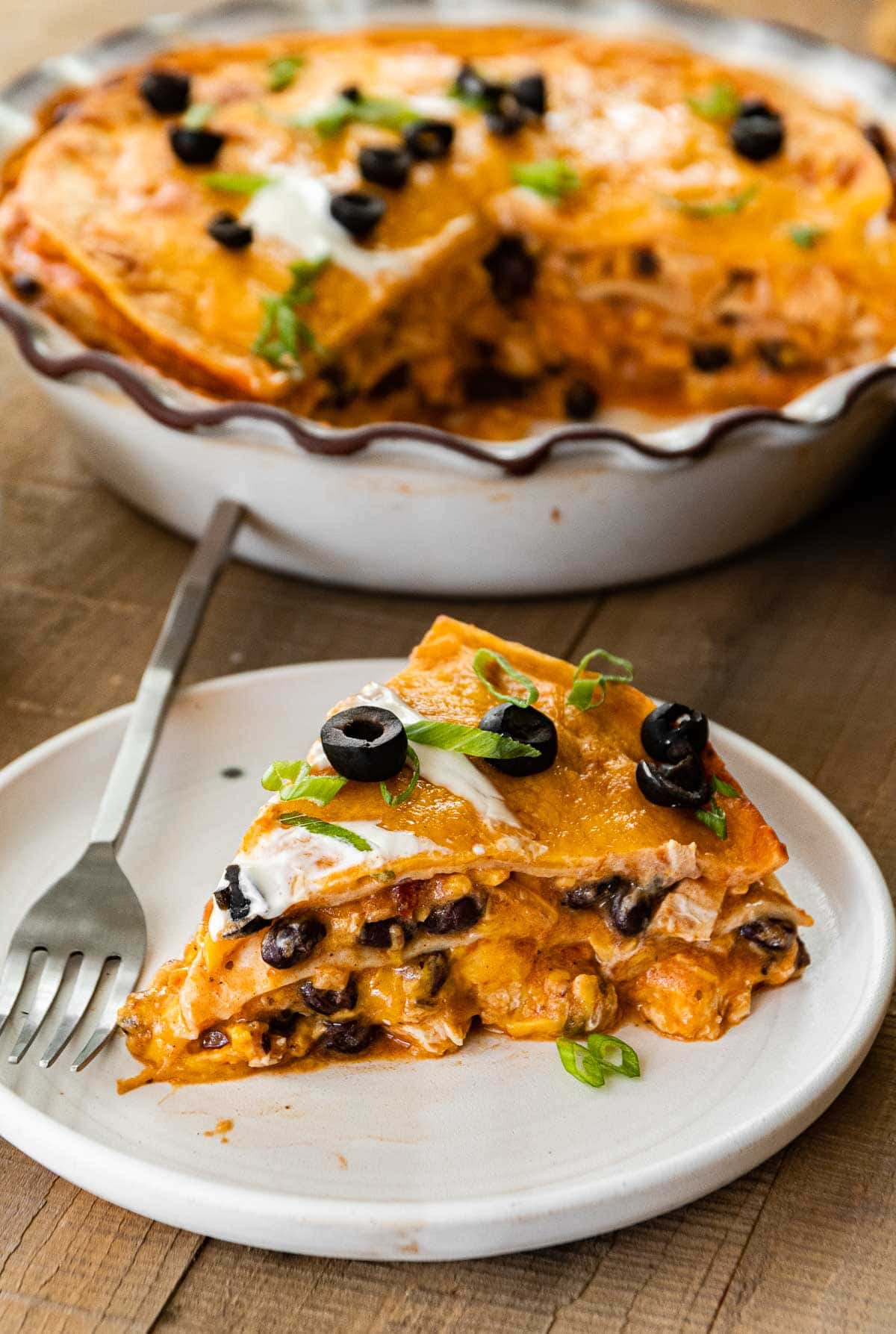 Chicken Tortilla Pie on serving plate