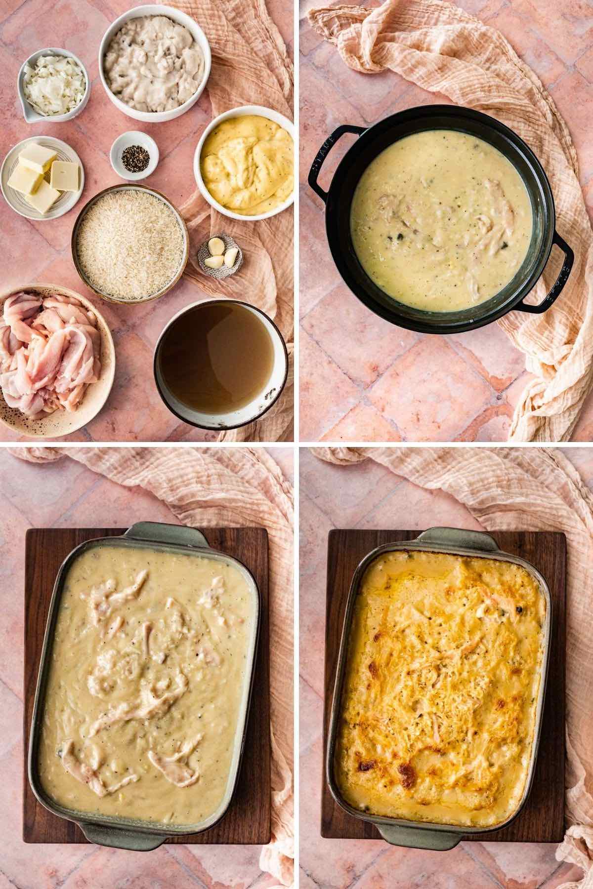 Collage of Chicken and Rice Casserole steps of mixing ingredients and filling baking dish