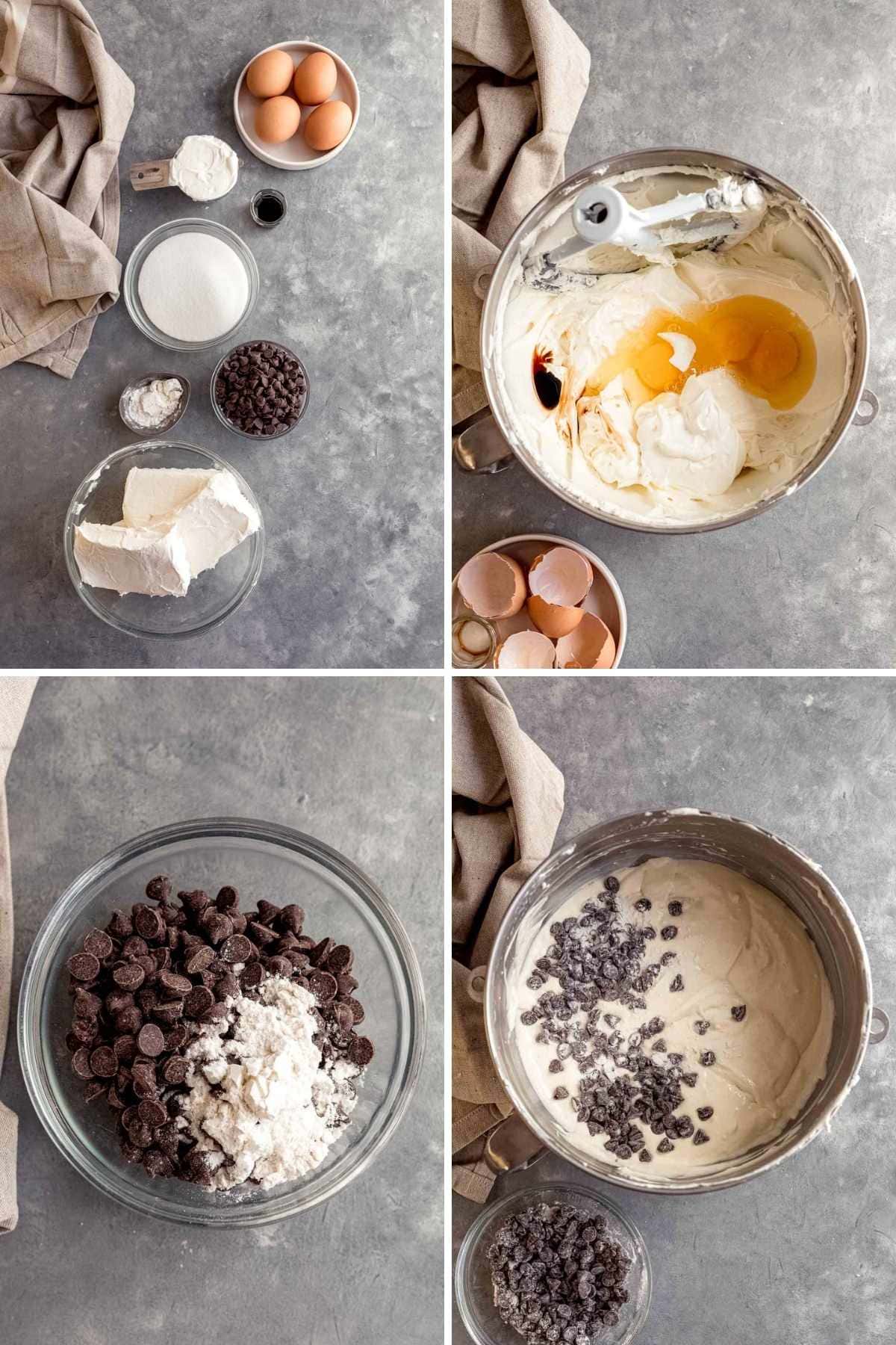 Collage of prep for Chocolate Chip Cheesecake Bars batter