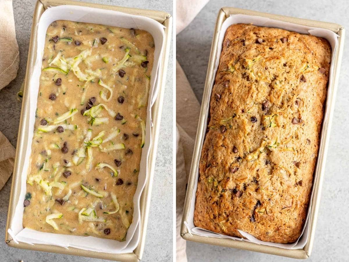 Chocolate Chip Zucchini Bread in loaf pan, before and after baking