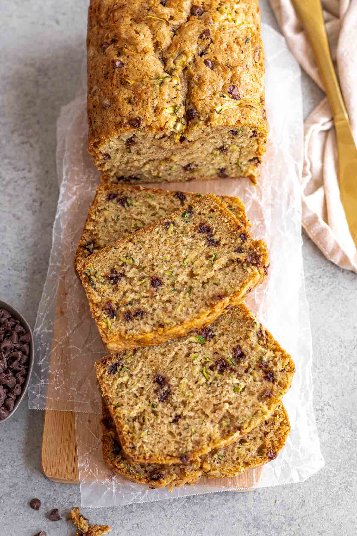 Chocolate Chip Zucchini Bread slices on cutting board