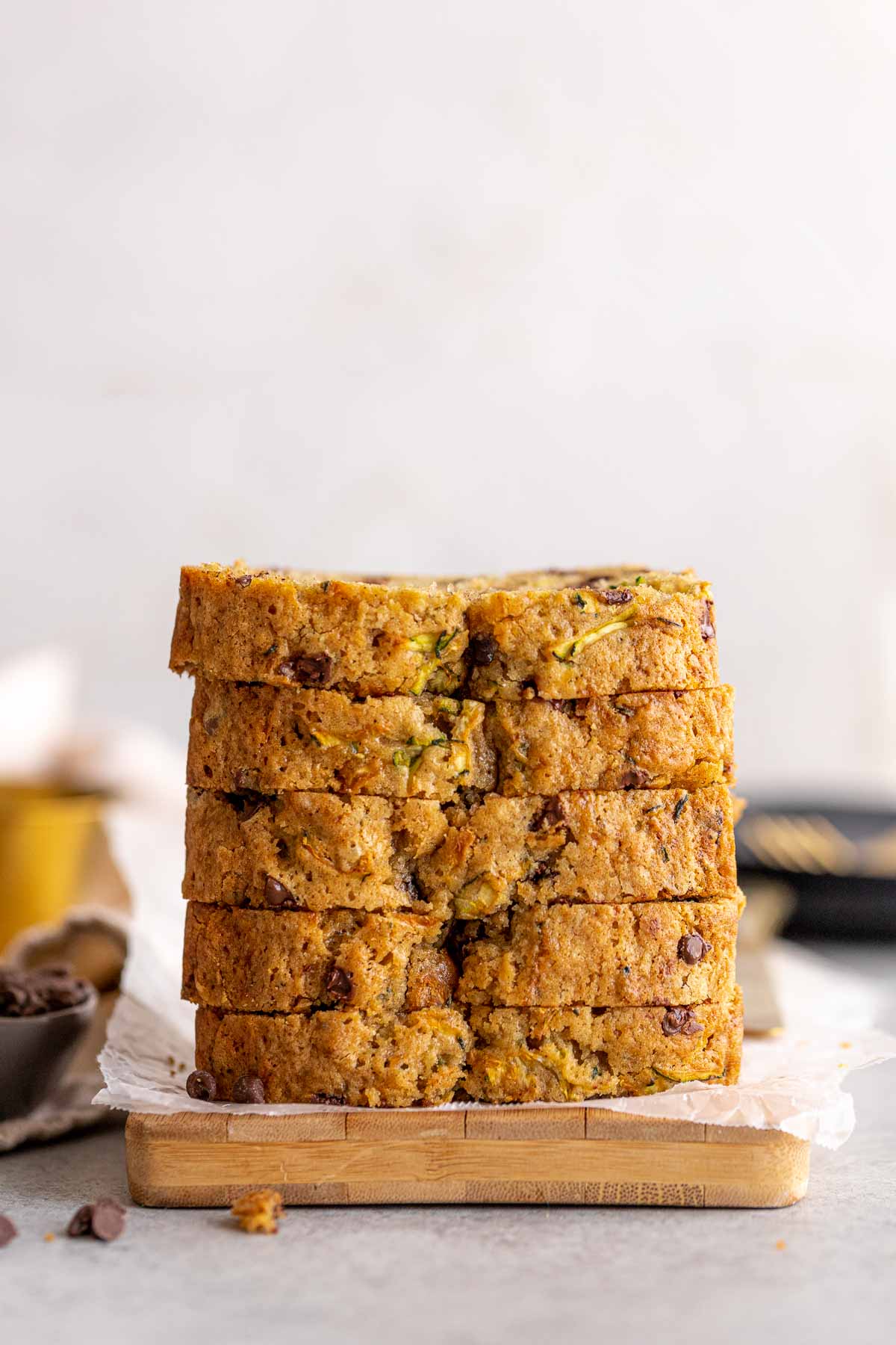 Chocolate Chip Zucchini Bread slices in stack