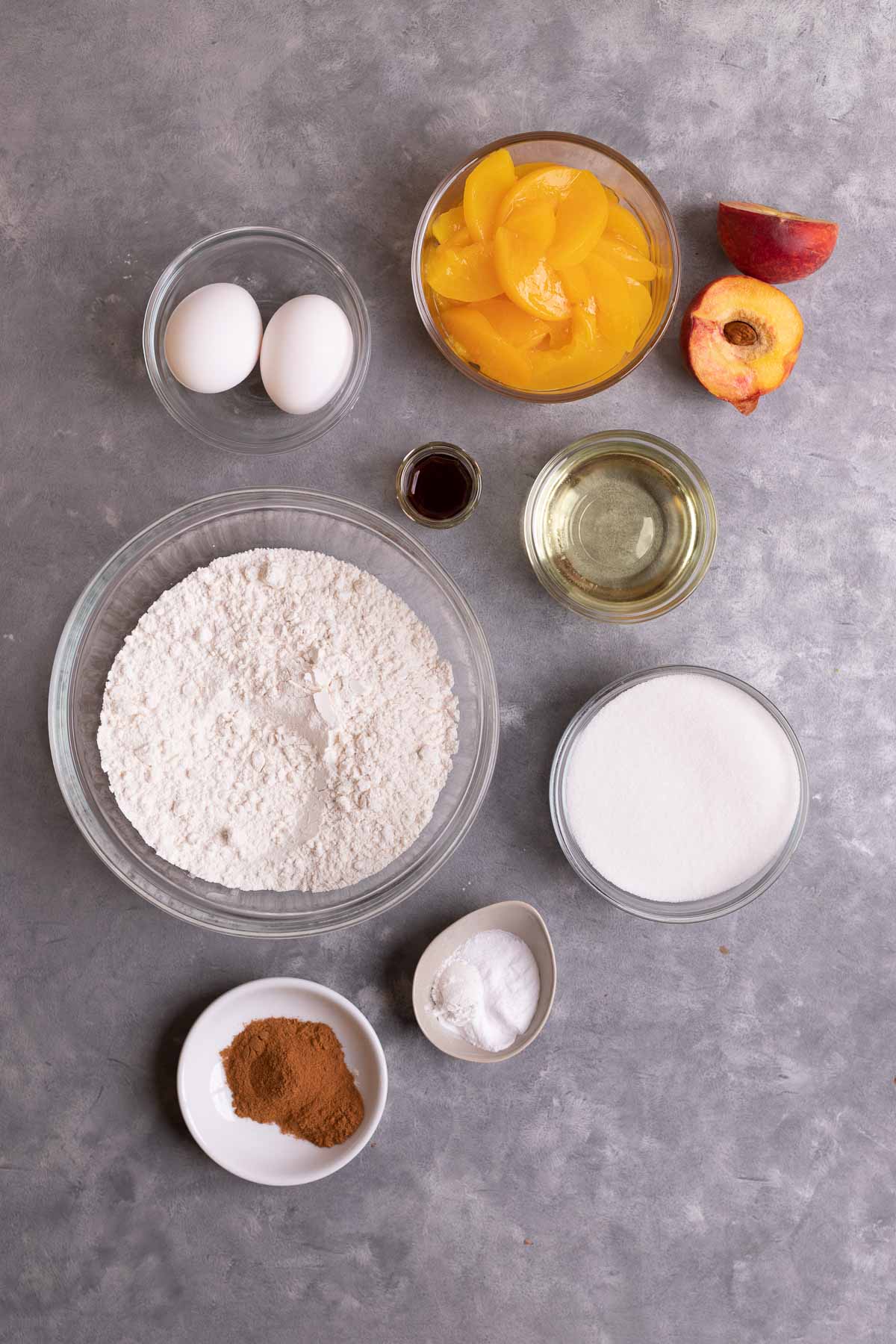 Ingredients for Cinnamon Peach Bread in prep bowls