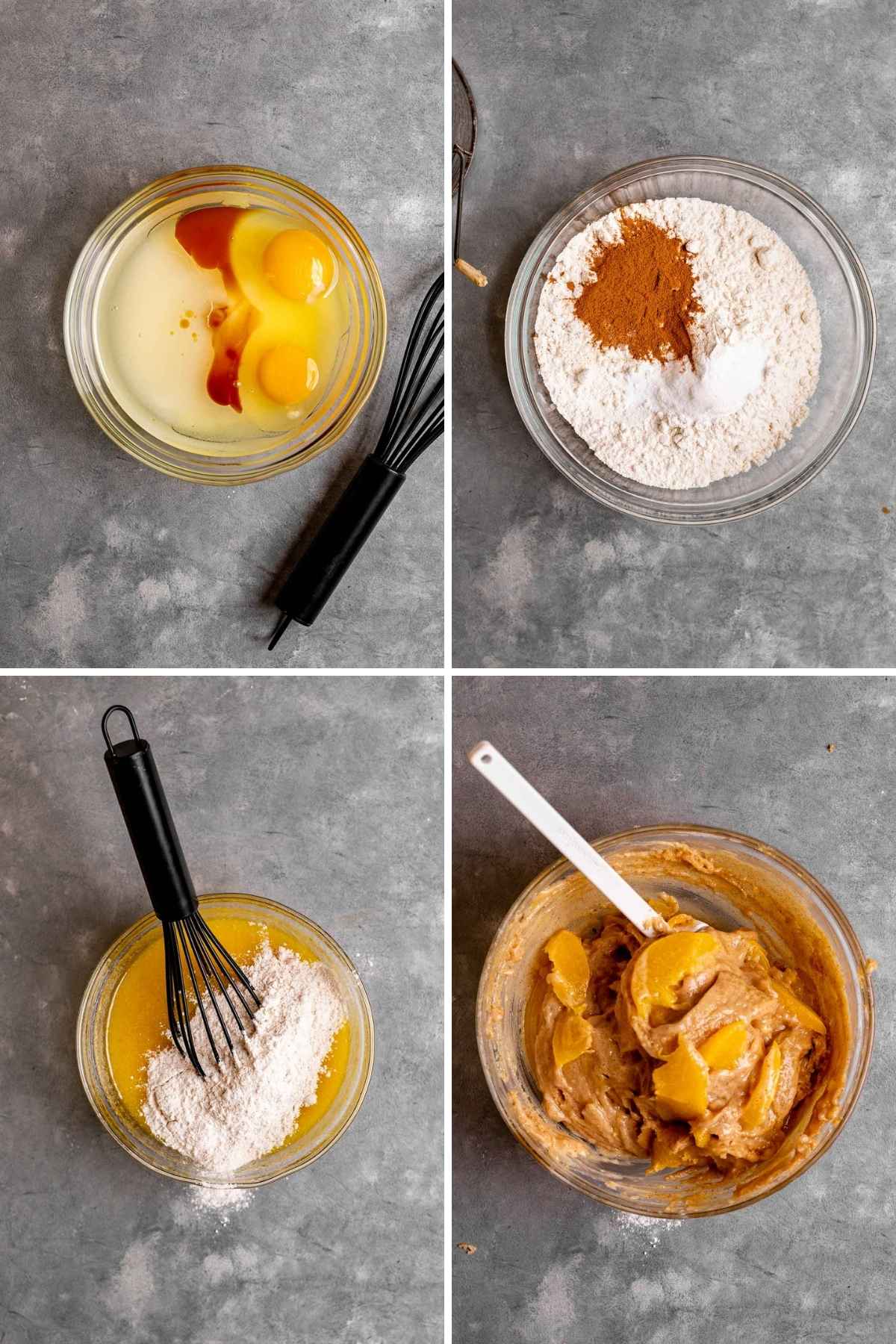 Collage of prep steps for Cinnamon Peach Bread