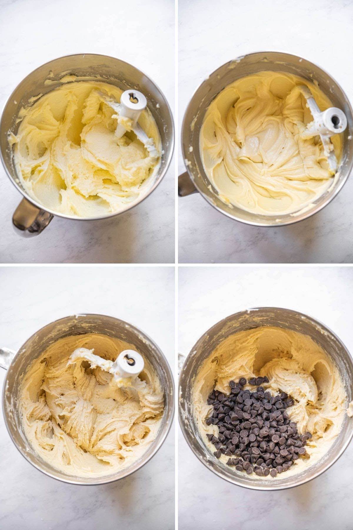 Collage of mixing Cream Cheese Chocolate Chip Cookies batter