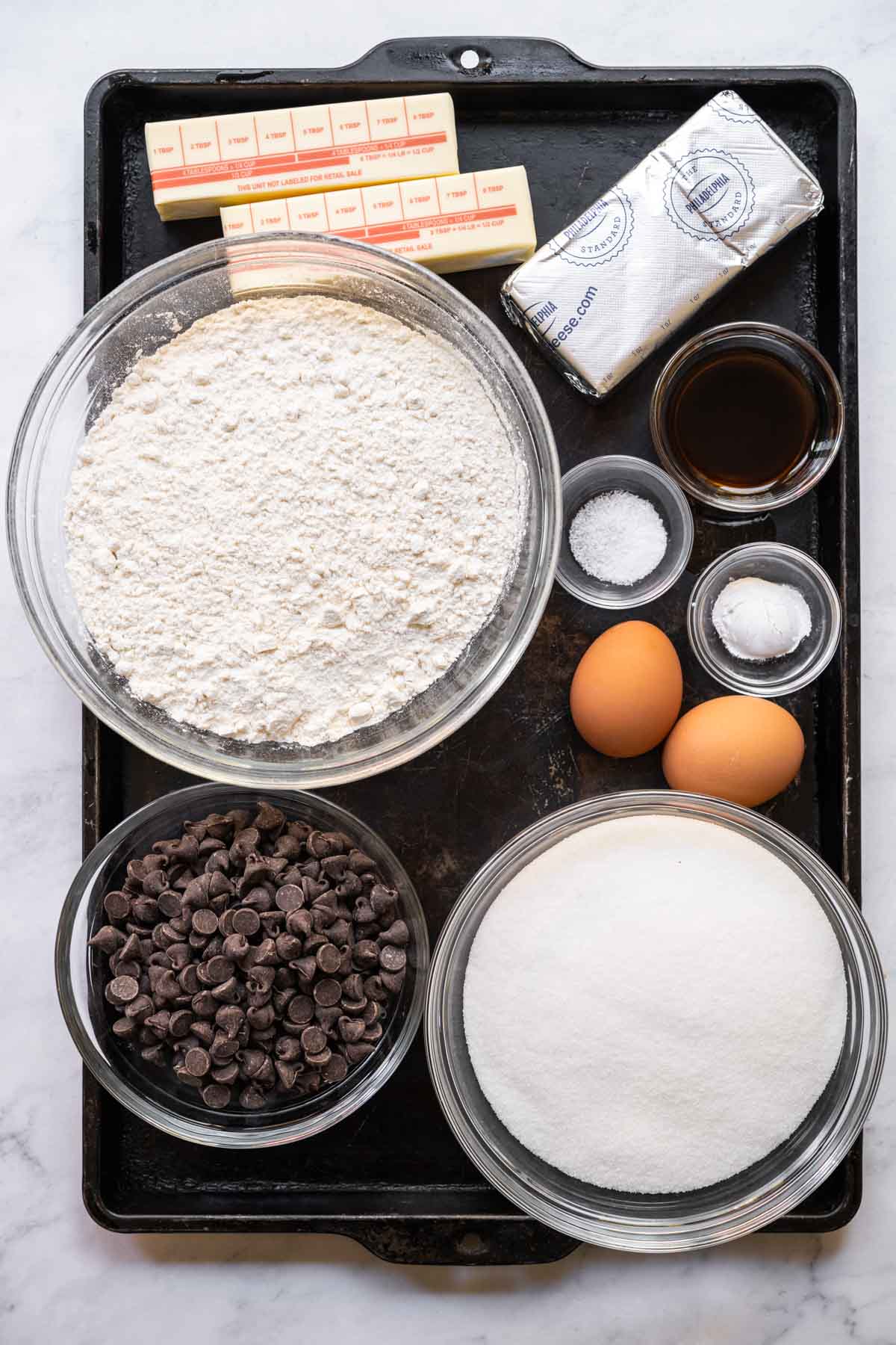 Ingredients for Cream Cheese Chocolate Chip Cookies in prep bowls