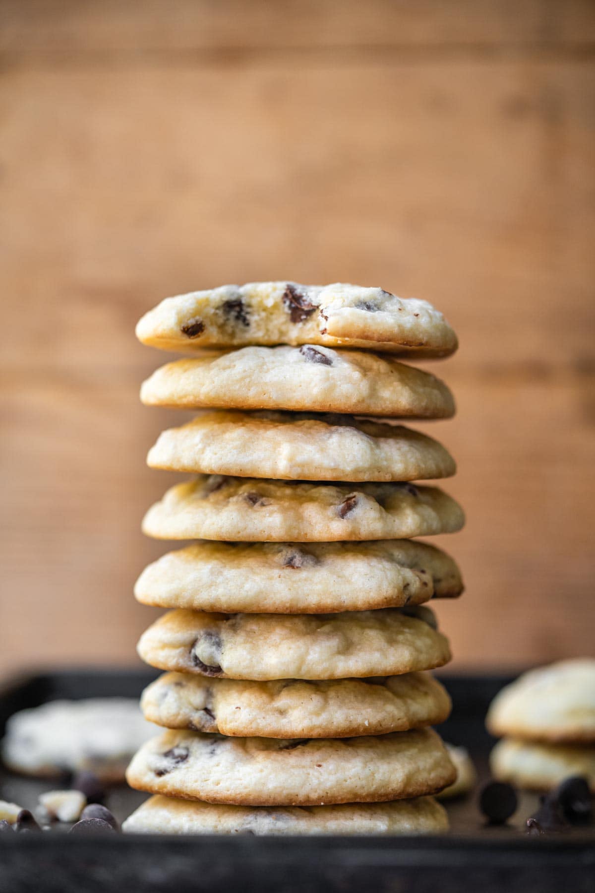 Baked Cream Cheese Chocolate Chip Cookies stacked up
