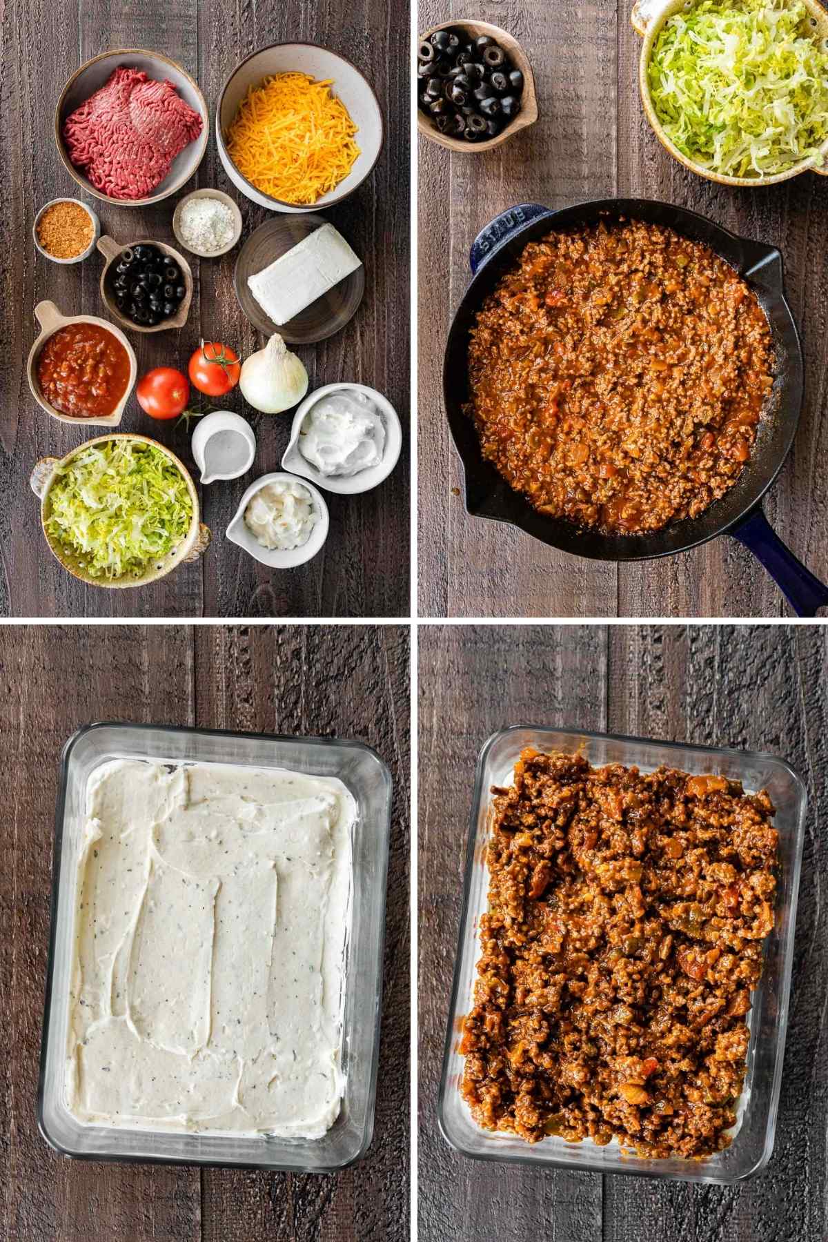 Creamy Layer Taco Dip collage of assembly
