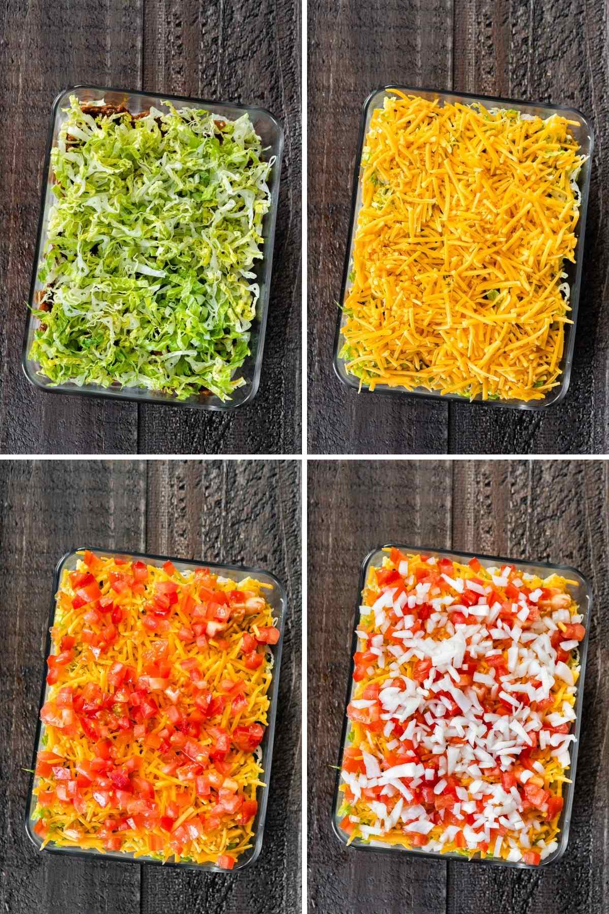 Creamy Layer Taco Dip collage of assembly