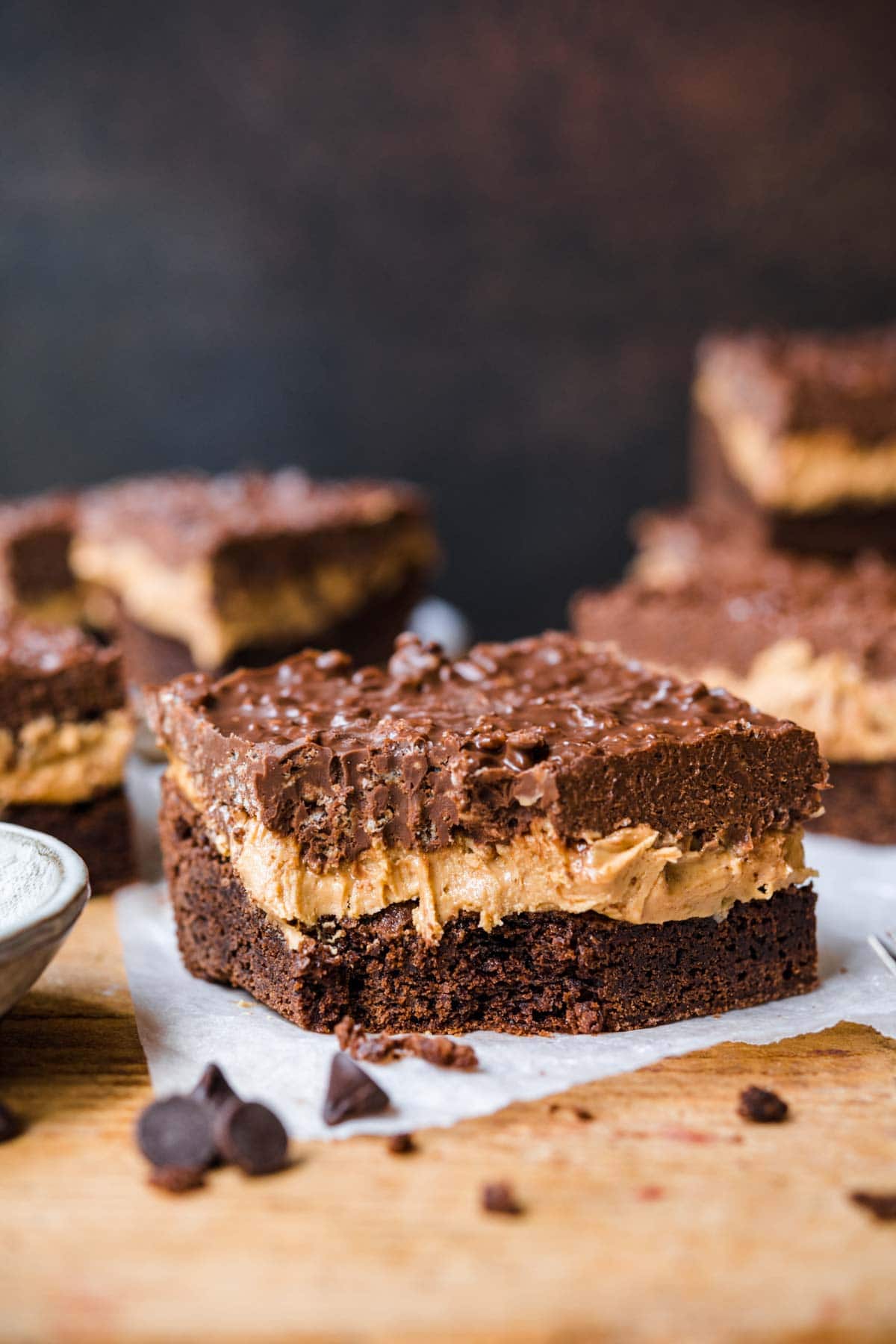 Crispy Chocolate Peanut Butter Brownie Bars on cutting board