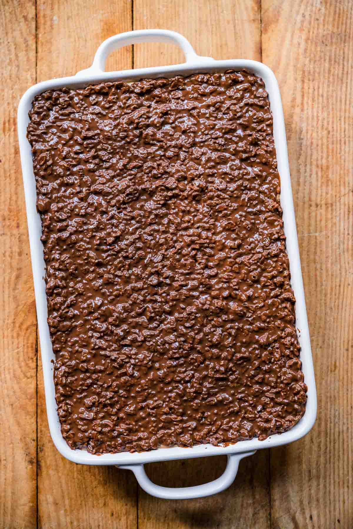 Finished Crispy Chocolate Peanut Butter Brownie Bars in baking dish